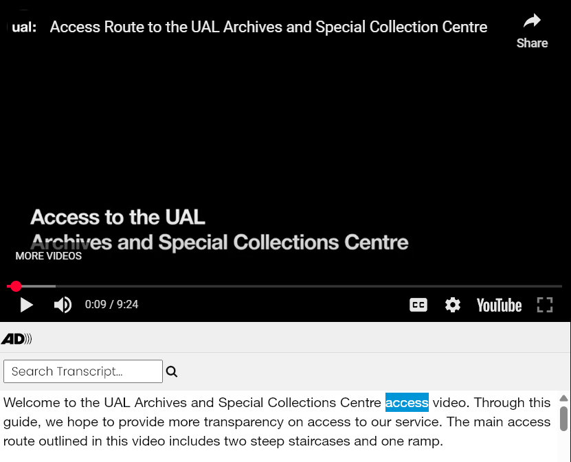Screenshot of Access Video with Audiodescription, linking to visit us page where it is embedded